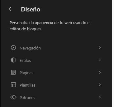 Menú del editor de sitios web en WordPress